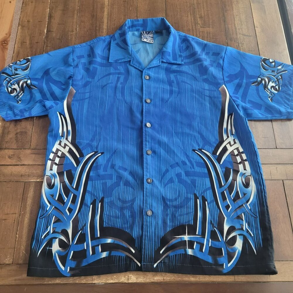 CTWO Tribal Graphic Blue Hawaiian Button-Up Shirt size L